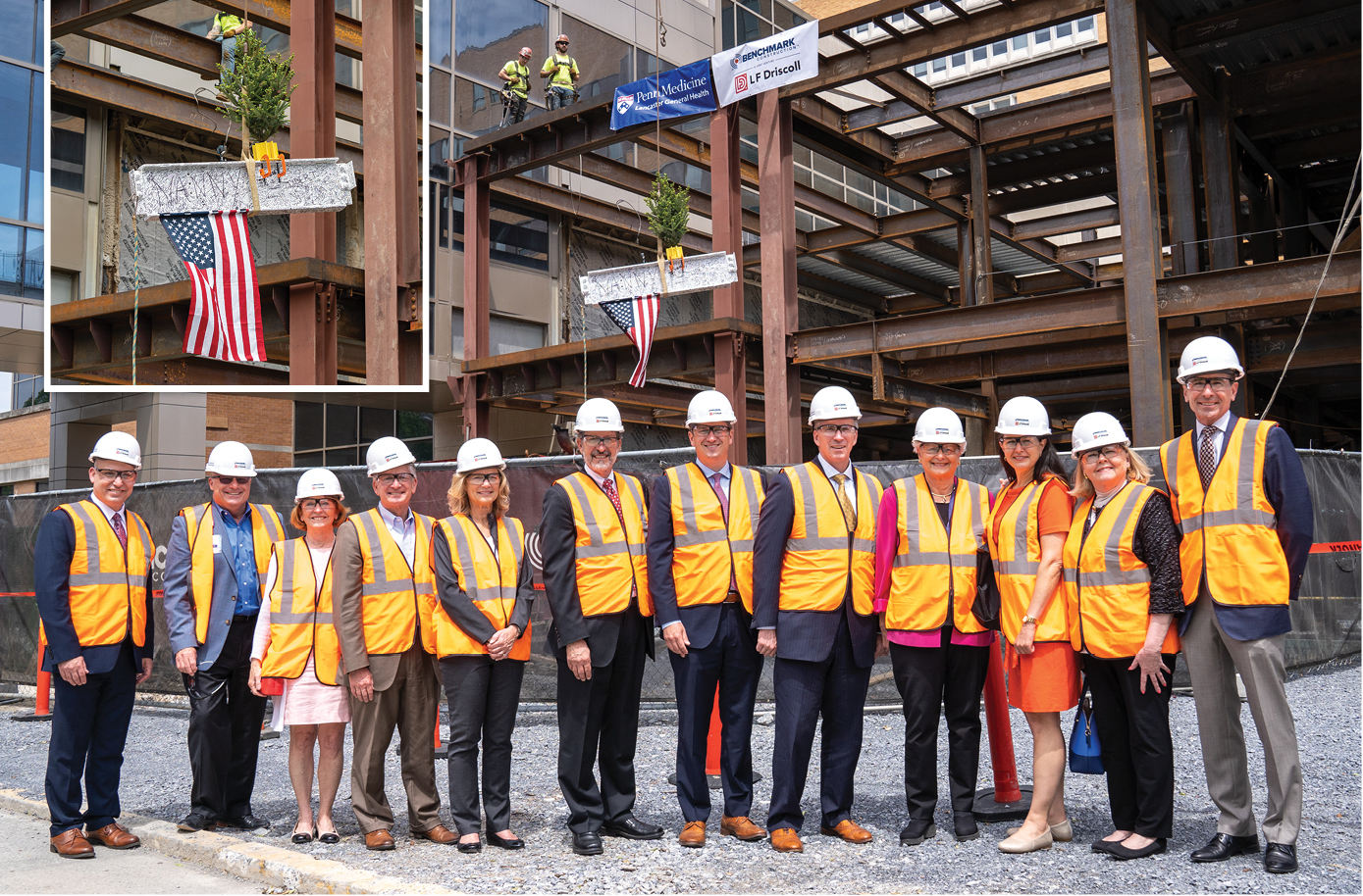 Lancaster City Mayor Danene Sorace, members of the Penn Medicine Lancaster General Health Board of Trustees, and health system executives attend the Emergency Department expansion top-off ceremony.